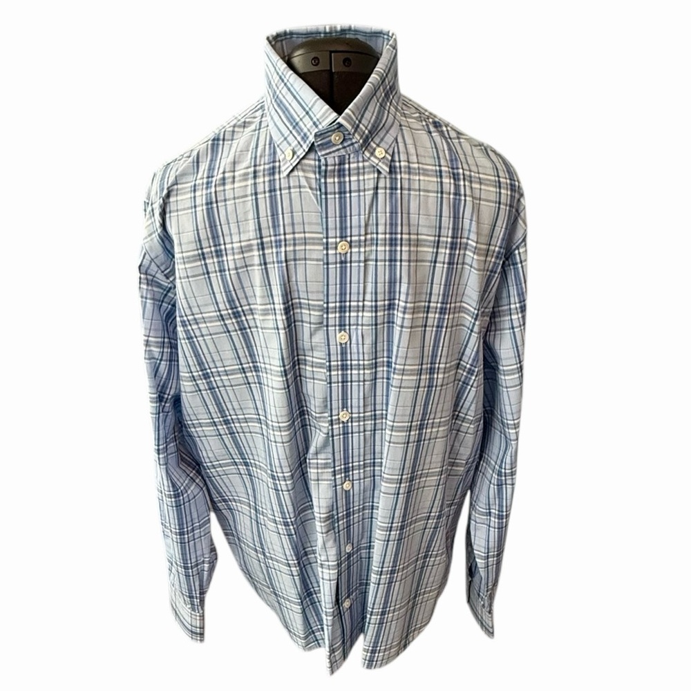 LEDBURY FINE SHIRTING CLASSIC FIT LS BUTTON DOWN BLUE CHECKED SHIRT. SIZE L.